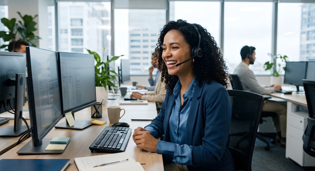 woman, office, work, desk, business, notebook, workplace, write, team, monitor, computer, mouse, screen, office work, headset, hotline, call center, communication, service, consulting, secretary, laugh, happy, ai generated